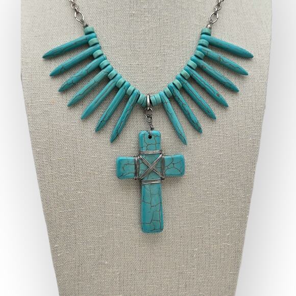 Turquoise Spike Bead & Cross Pendant Necklace – Southwestern Boho Chic Statement - Picture 8 of 9